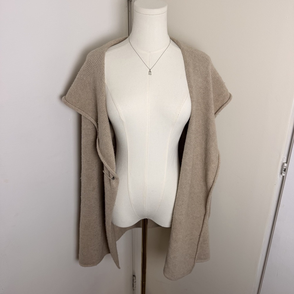 Vince Sweater Womens S Beige Yak Wool Hooded Open Front Longline Cardigan Knit